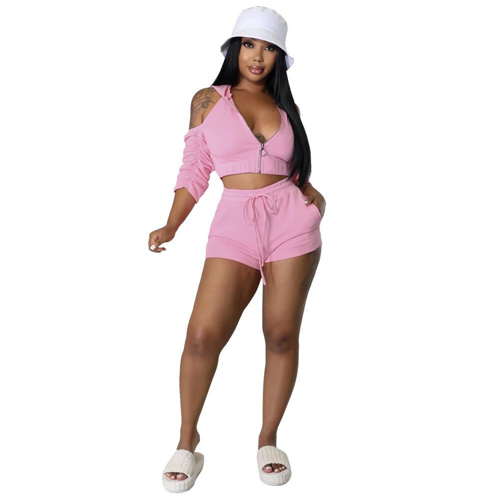 Cross-Border European and American Amazon Solid Color Summer Hoodie Popular Drawstring Shorts Commuter Two-Piece Set