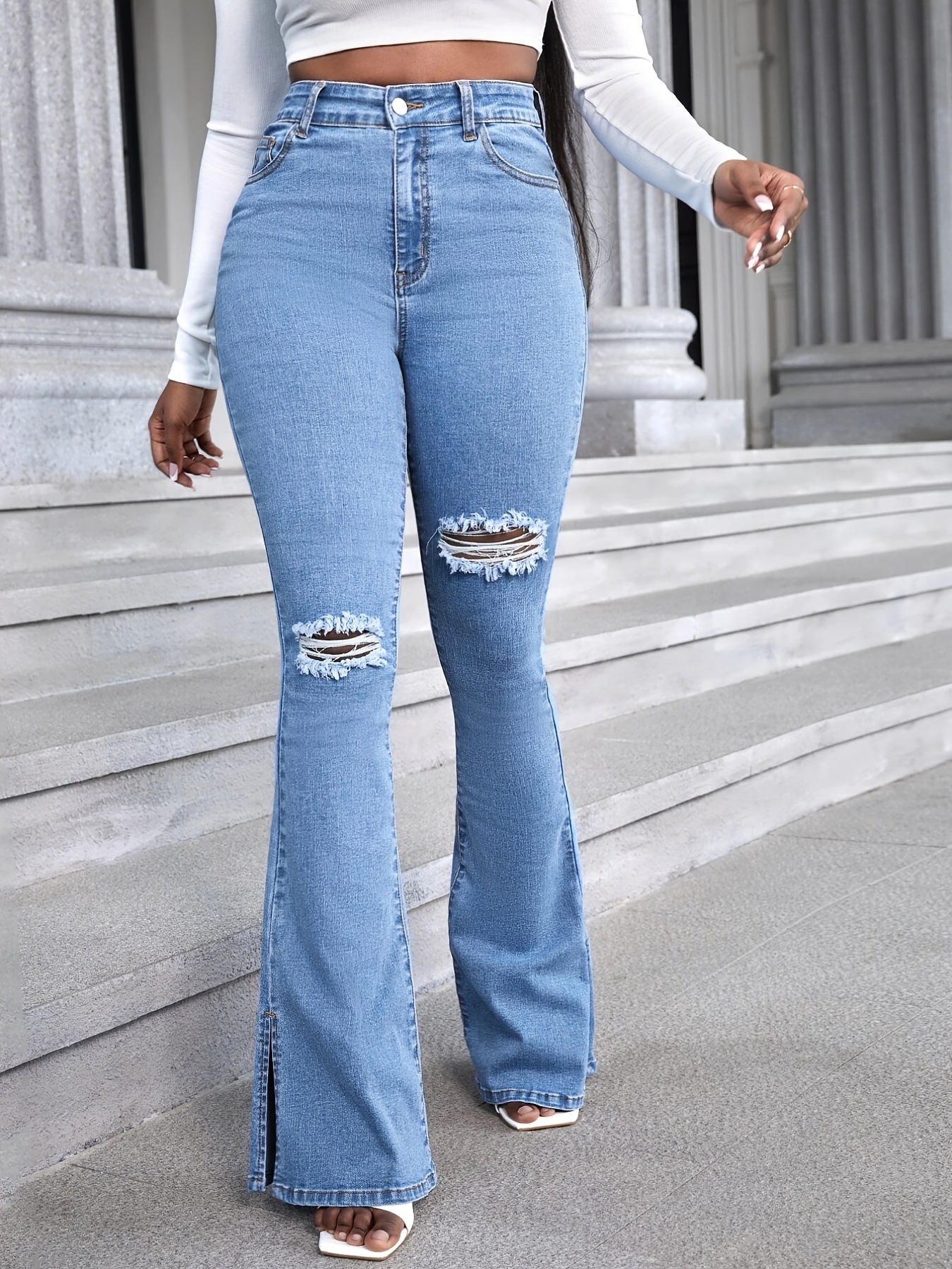 Pd08289# Foreign Trade European and American Style Jeans EBay Amazon Ripped High Waist Stretch Slim Fit Slit Bootcut Trousers Women