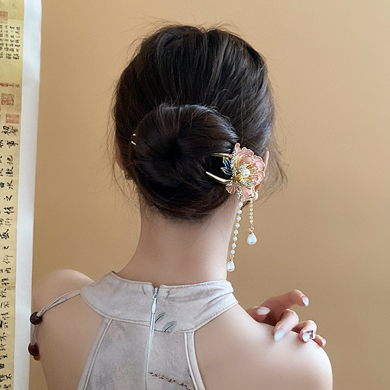 New Chinese Style Diamond Drop Oil Pearl Flower Tassel Hairpin Ancient Style Updo Hairpin Fashion Trendy Hair Accessories Wholesale for Women