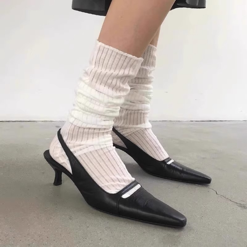 现货秒发！小众猫跟高跟鞋女真皮一字带尖头细跟高跟罗马凉拖鞋