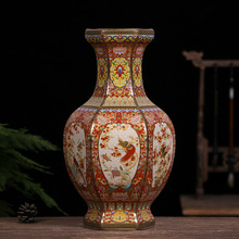 景德镇陶瓷珐琅彩花鸟六方瓶仿古中式瓷器装饰品摆件陶瓷工艺品