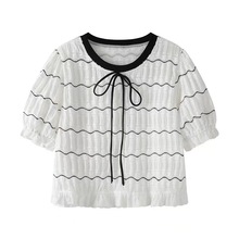 00AA-3042白色条纹小香风蕾丝T恤女2024夏季新款短款雪纺小衫短袖