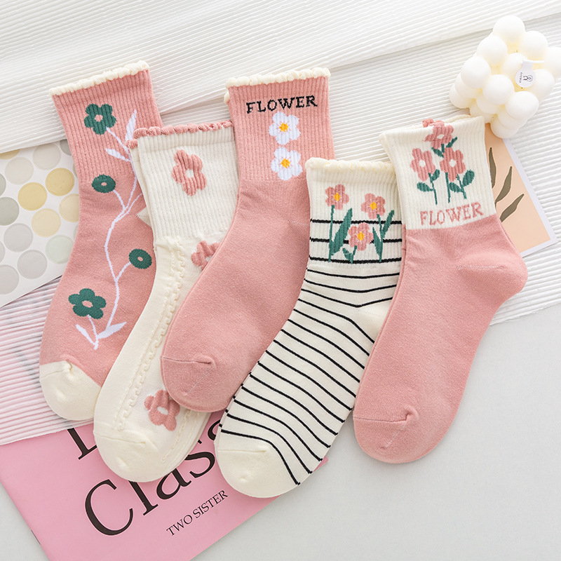 秋冬袜子女新品棉袜日系粉色花朵条纹可爱甜美小清新时尚百搭袜子