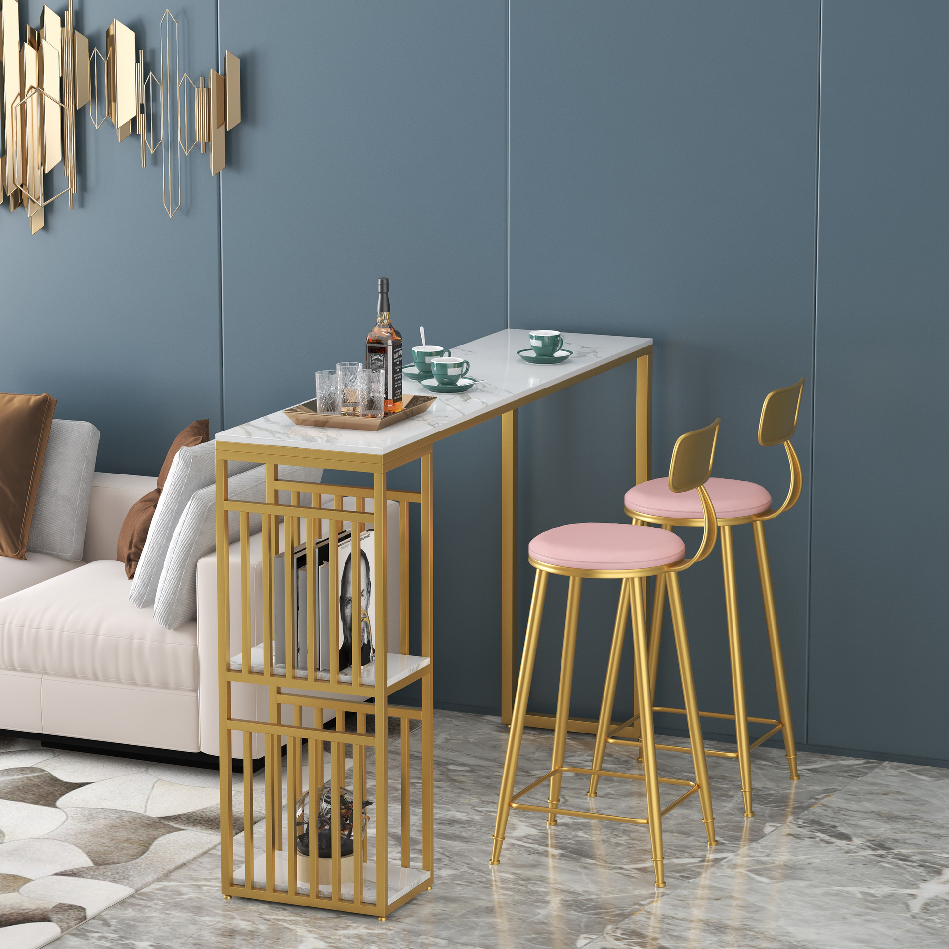 北欧大理石吧台桌椅家用隔断柜靠墙高脚桌阳台客厅现代简约酒柜桌
