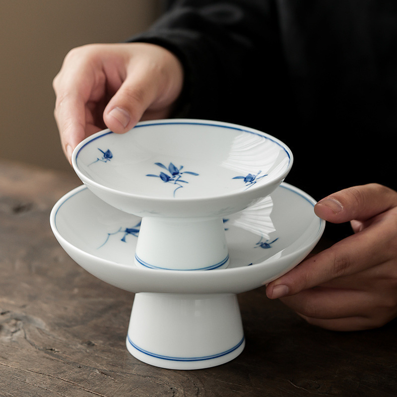纯手绘蝴蝶兰花果盘德化白瓷茶点盘客厅茶桌陶瓷高脚坚果零食盘