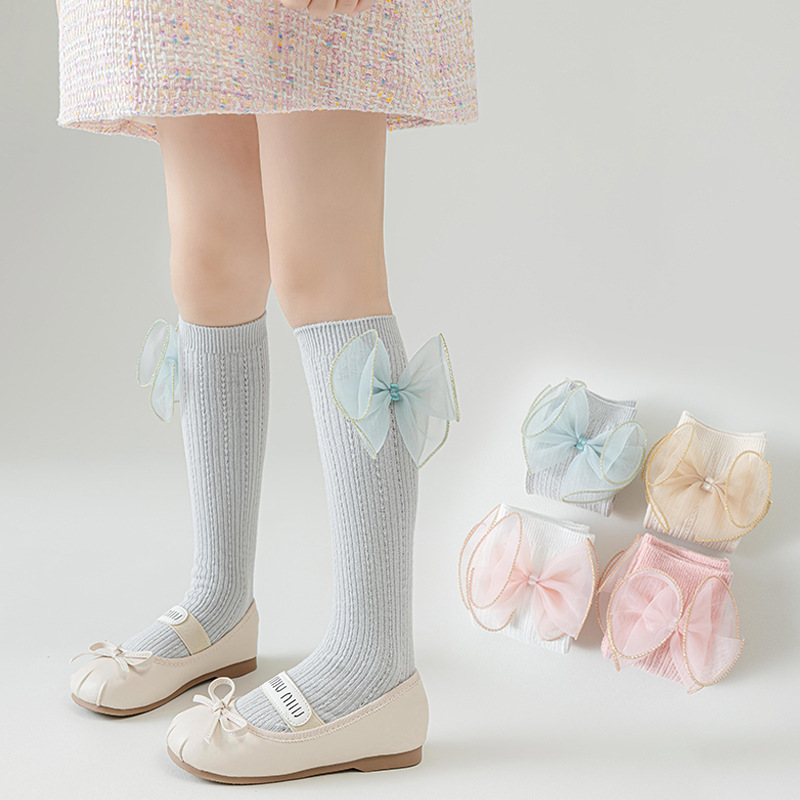 儿童中筒袜薄款夏季蝴蝶结小腿袜女童长筒袜女孩配裙子长袜高筒袜