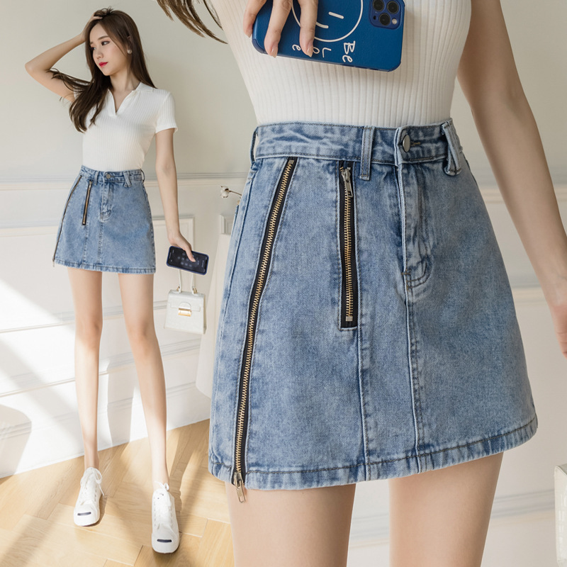 2022夏季新款港味拉链开叉牛仔短裙女高腰半身裙口袋a字裤裙潮