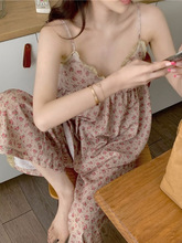 纯欲碎花性感吊带睡衣女款套装夏季韩版长裤薄款甜美家居服带胸垫