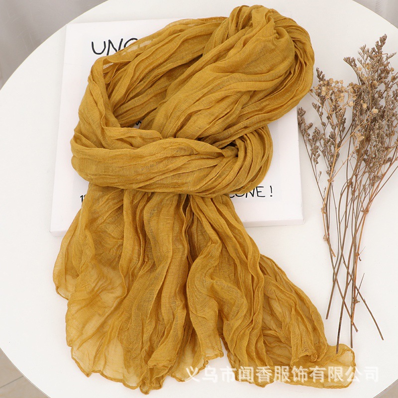 Pure Color Cotton and Linen Pleated Scarf Artistic Vintage Scarf Women's Autumn and Winter Wild Cold-Proof Scarf Outer Sunscreen Shawl