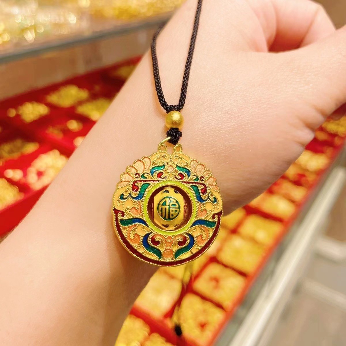 国潮祥云烧蓝吊坠沙金福字旋转项链毛衣链挂坠时来运转吊坠毛衣链