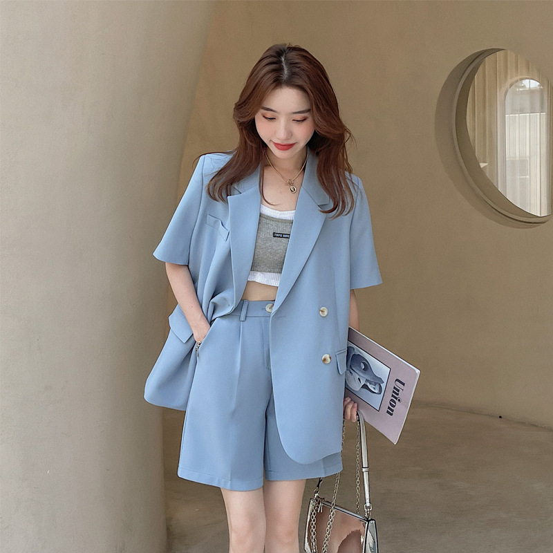 实拍新款蓝色休闲时尚西装短裤套装女夏短袖薄款小个子气质两件套