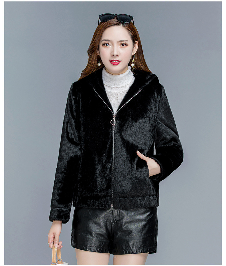 2021新款短款韩版女式仿皮草外套 秋冬季连帽宽松水貂毛外套女