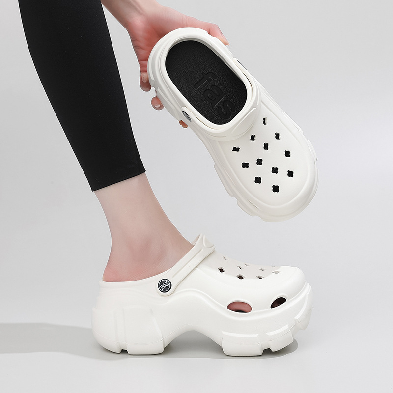Women's Korean-Style High Heel DIY Hole Shoes Summer Soft Bottom Fashion Thick Bottom Toe Cap Outdoor Dual-Use Fashion Garden Sandals