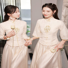 香槟色伴娘服中式旗袍姐妹团礼服裙女小众长袖2023新款冬季小个子