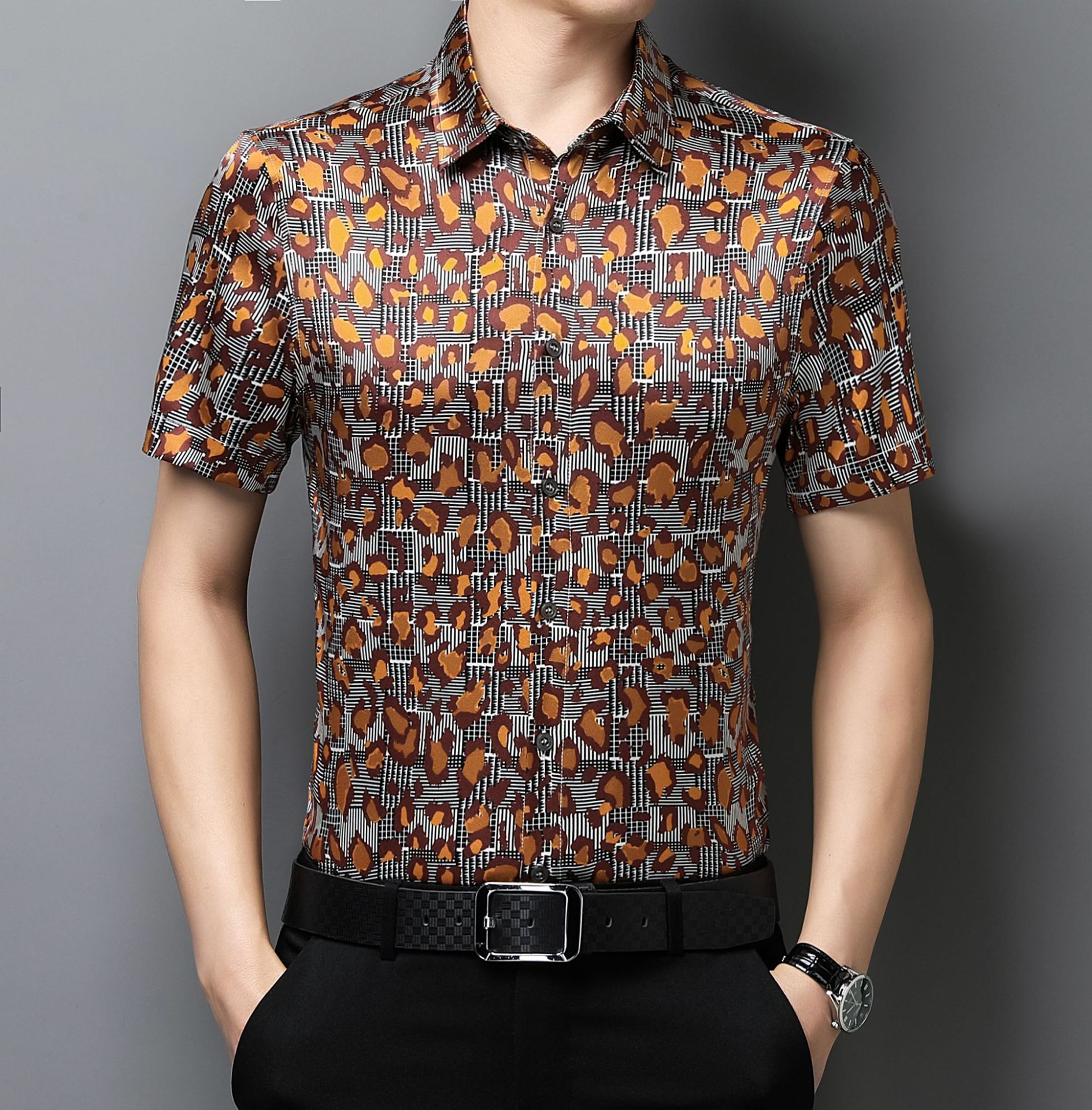 上衣恒源祥100%桑蚕丝短袖衬衫男中年新款格子半袖衬衣男装真丝绸缎衫