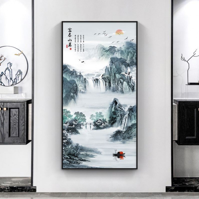 农村中堂挂画大堂背景墙装饰画一整幅客厅单独一副新中式山水画