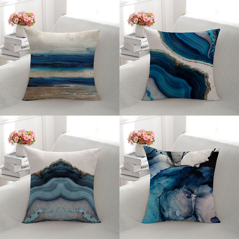 Amazon Retro Printed Linen Pillow Blue Ocean Pillow Cover Office Sofas Pillow Cushion Cover