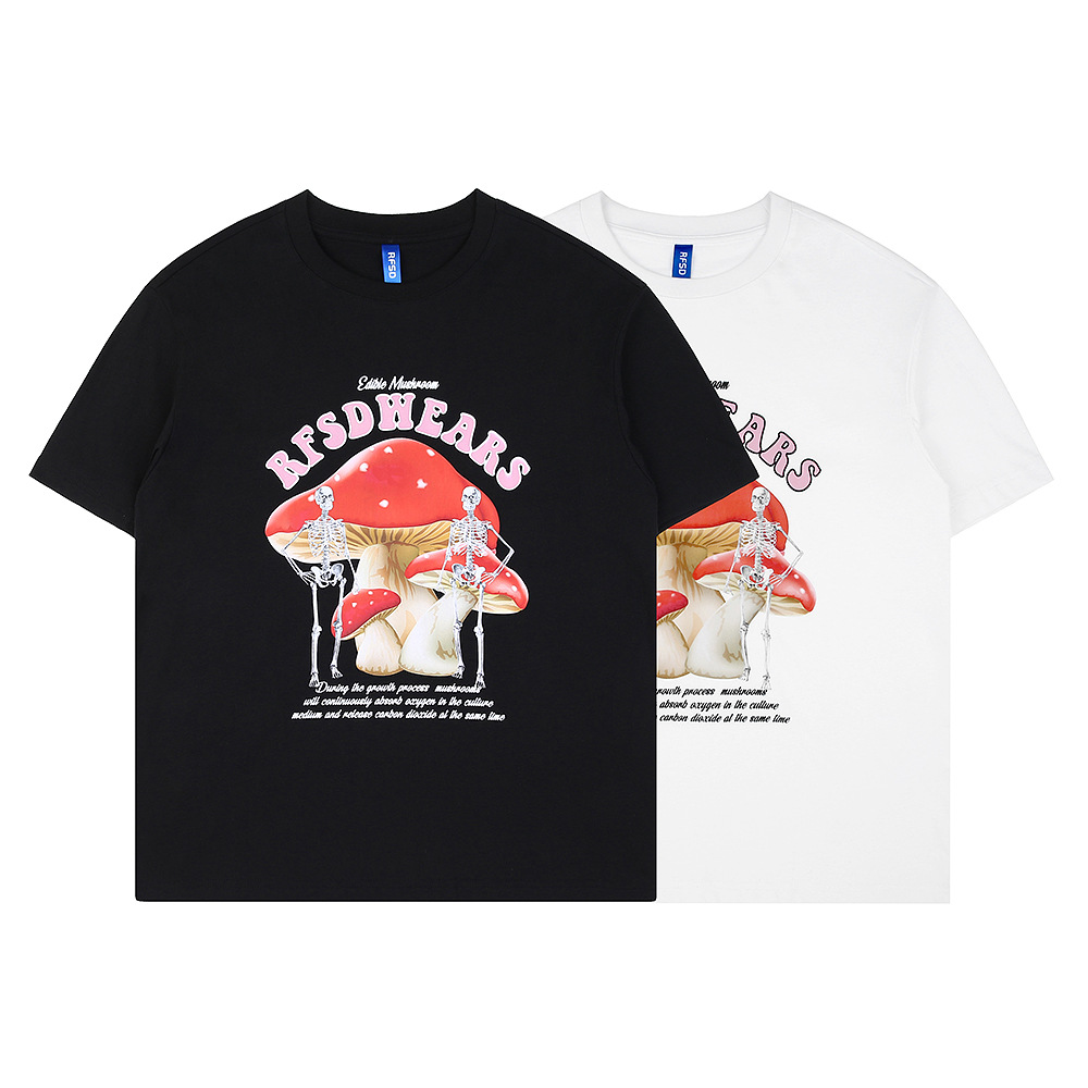 2022春夏新品潮牌蘑菇印花短袖t恤创意宽松短袖男女情侣