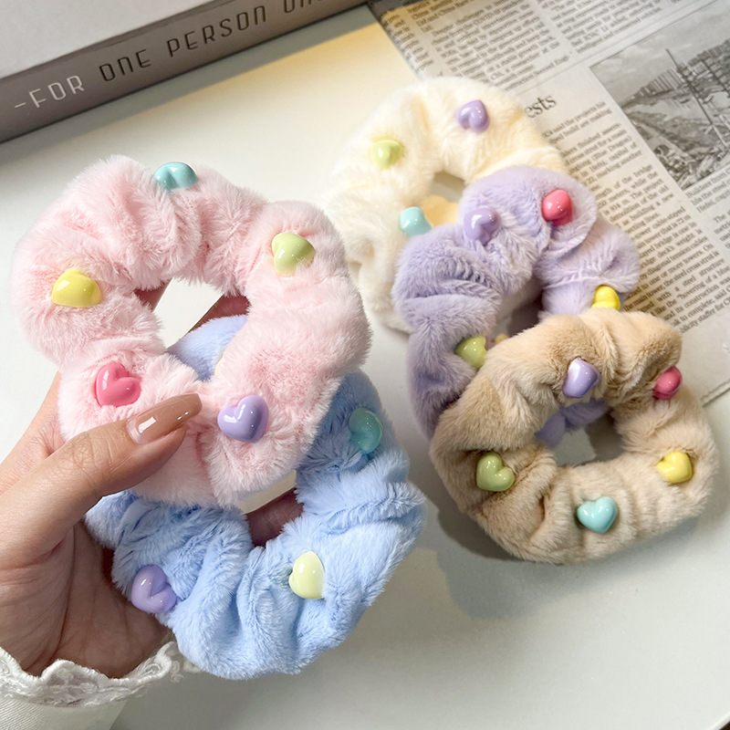 Korean Style Autumn and Winter Plush Candy Color Love Large Intestine Hair Ring Cute High Elastic Hair Bands Furry Thickened Hair Accessories for Women