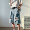 2022 new pattern hole cowboy shorts summer Thin section Chaopai ins Trend Easy Large leisure time Five point pants