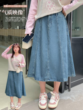 韩版高腰牛仔半身裙春夏新款大码女装分割压线设计中长裙140142
