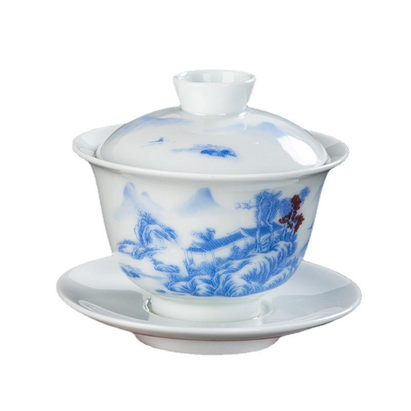 Dehua Misty Blue White Porcelain Basketball Landscape Gaiwan Kung Fu Tea Set Large 150 Ml3.2-Inch Tea Brewing Bowl