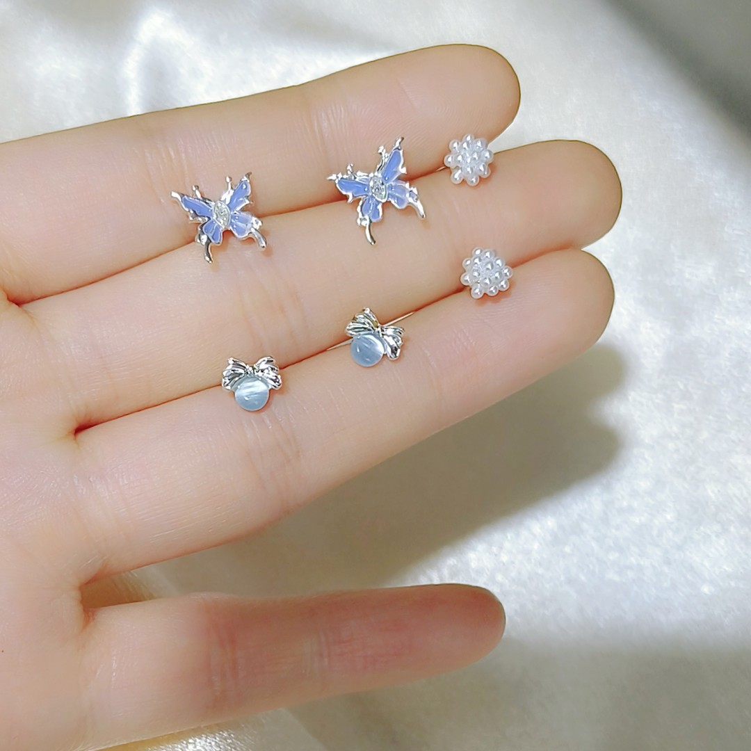 Six-Piece Set! Smart Advanced Niche Design All-Matching Petite Earrings Female Ins Starry Sky Blue Butterfly Earrings Earrings