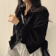 韩国chic2024春季法式复古单排扣翻领灯芯绒衬衫长袖外套女潮