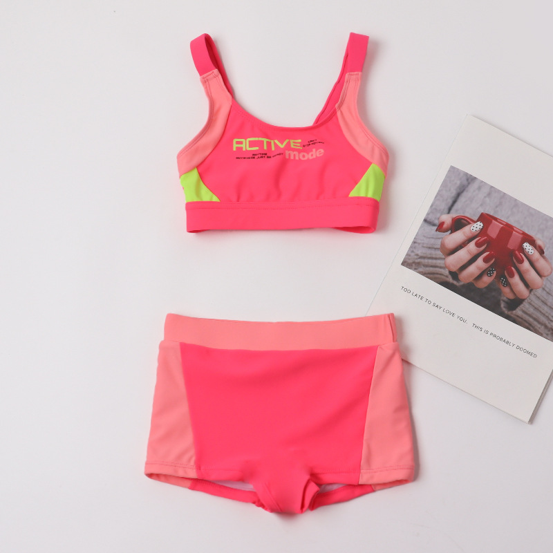 韩系儿童分体泳衣亮粉色时尚女童游泳套装带胸垫学生出口外贸泳衣