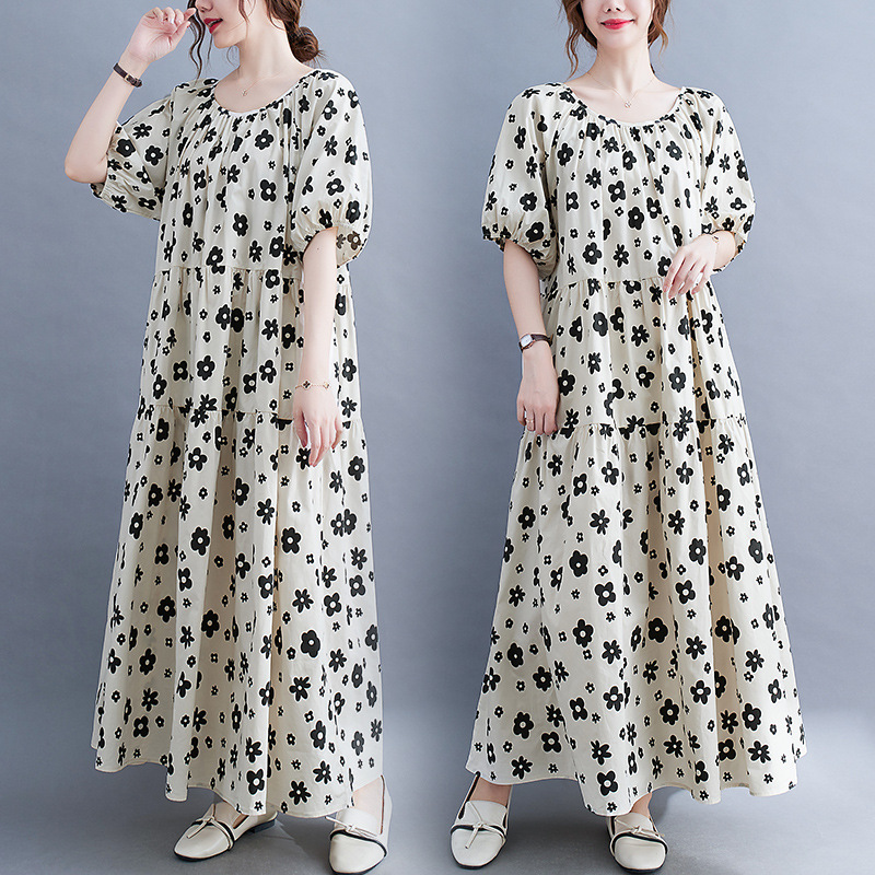大码女装夏季200斤宽松胖妹妹印花长裙减龄显瘦遮肚子短袖连衣裙