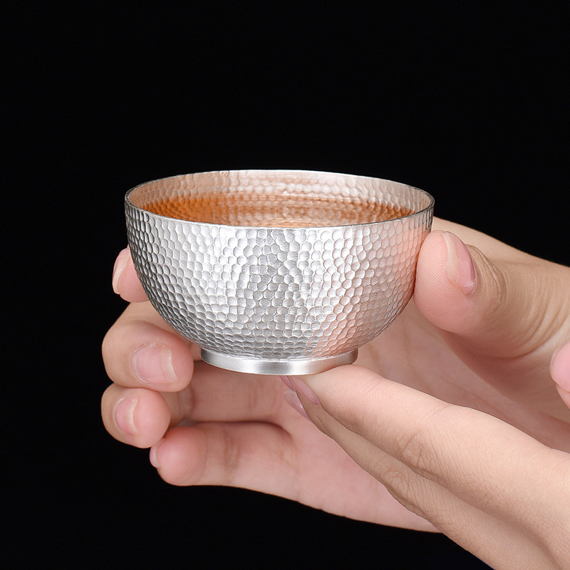 纯手工银杯子999纯银主人茶杯高品质锤纹中等容量全银功夫小茶碗