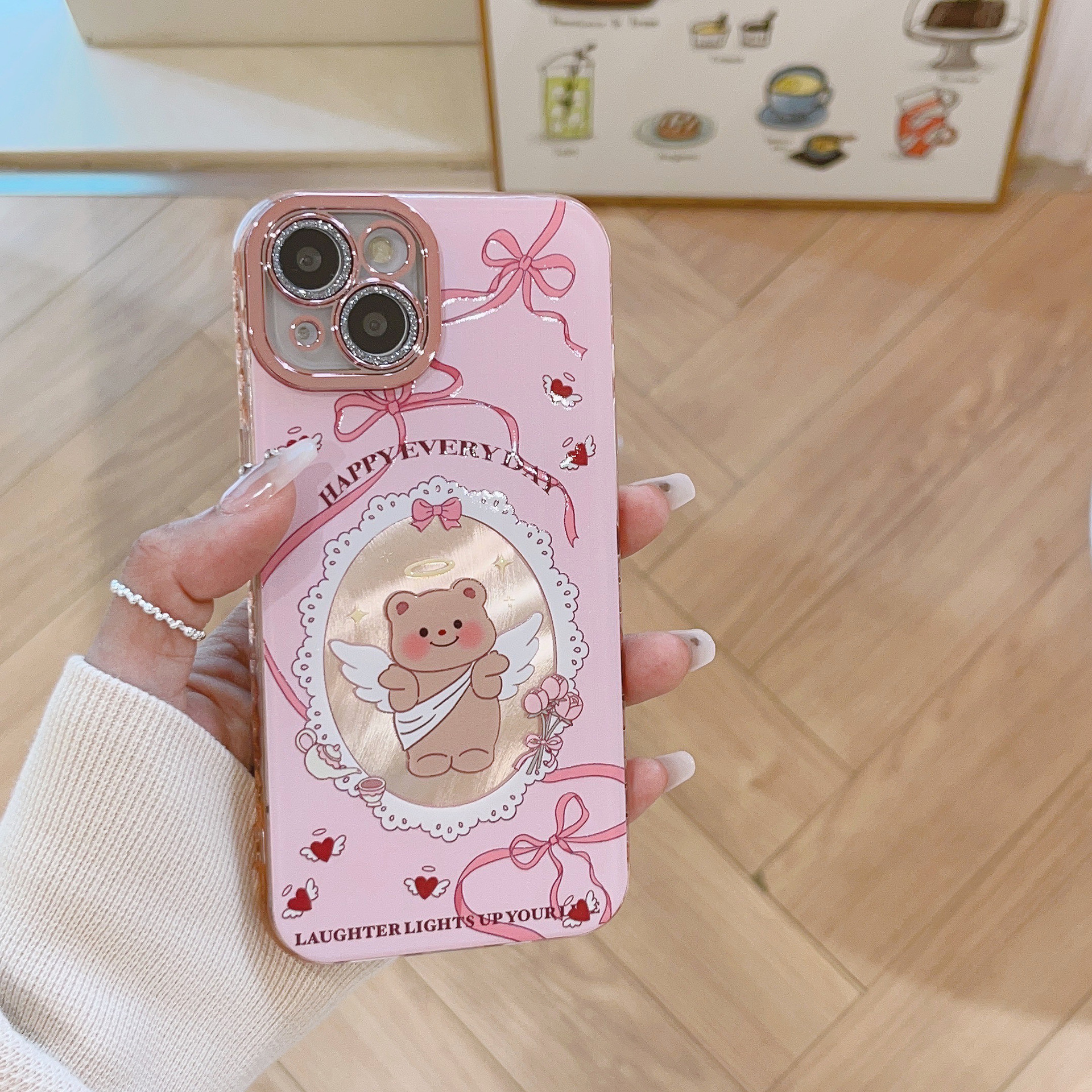 小众精孔羽纱imd天使黄油小熊适用苹果14/15promax新款全包手机壳