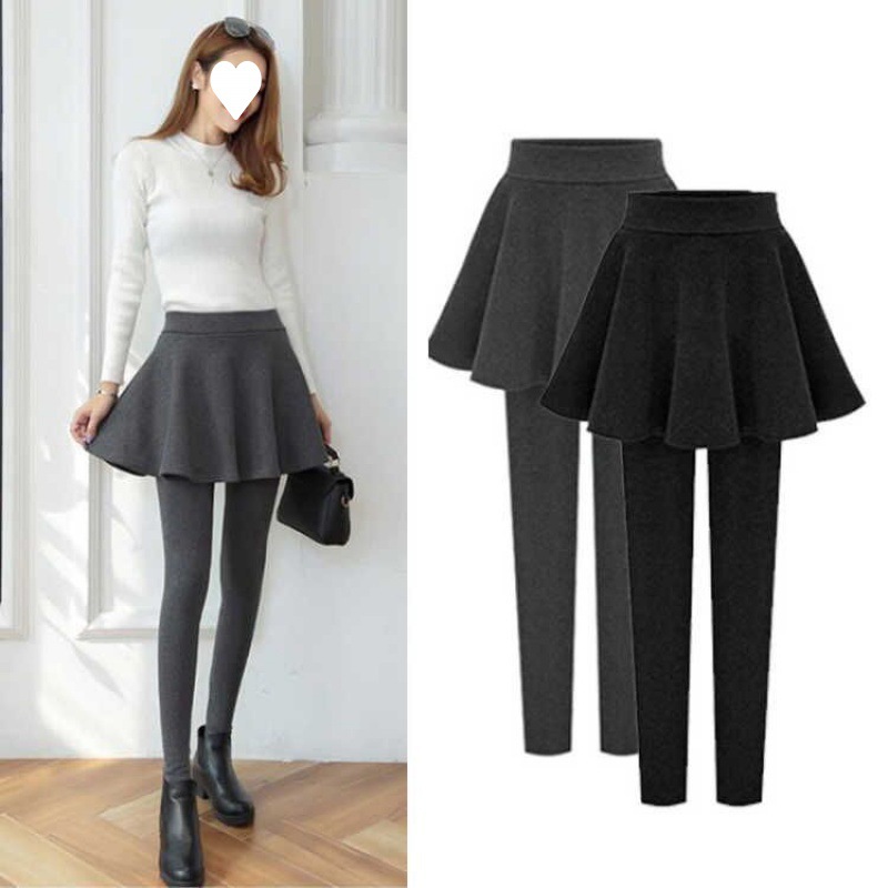 黑色带裙子打底裤女外穿秋冬新款加绒加厚包臀裙连裤裙假两件裙裤