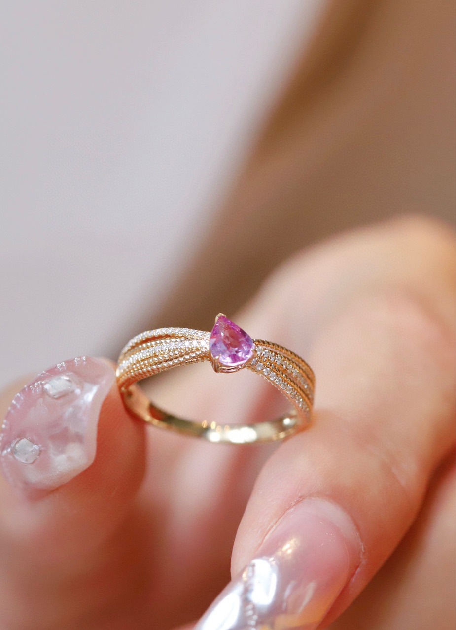 18k黄金宫廷复古风粉蓝宝戒指au750戒指轻奢指圈百搭款 女友礼物