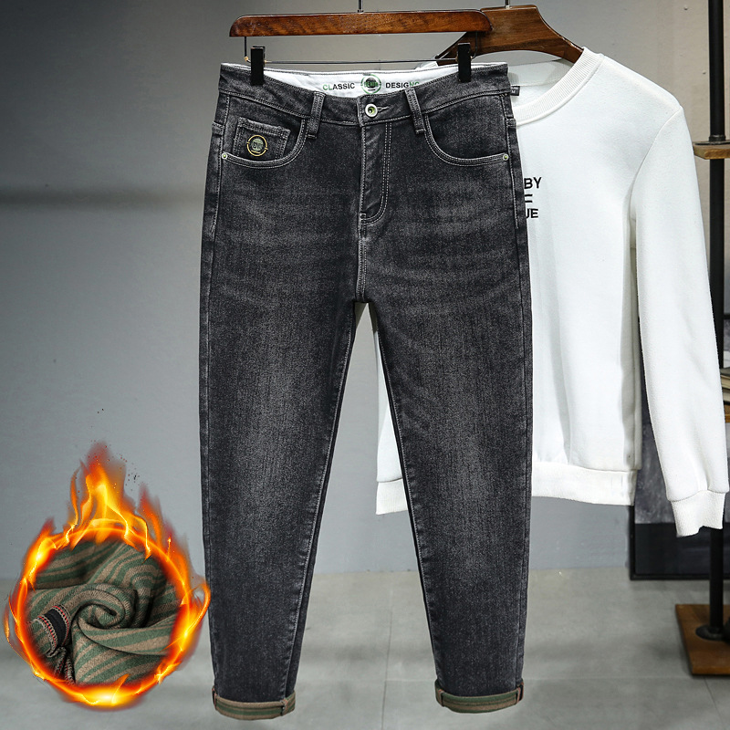 秋冬季加绒牛仔裤男士潮牌宽松抓绒修身长裤子男士小脚哈伦裤薄绒