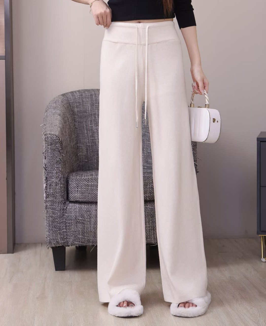 米白色休闲阔腿裤女加长秋新款2025高个子高腰宽松显瘦遮肉直筒裤