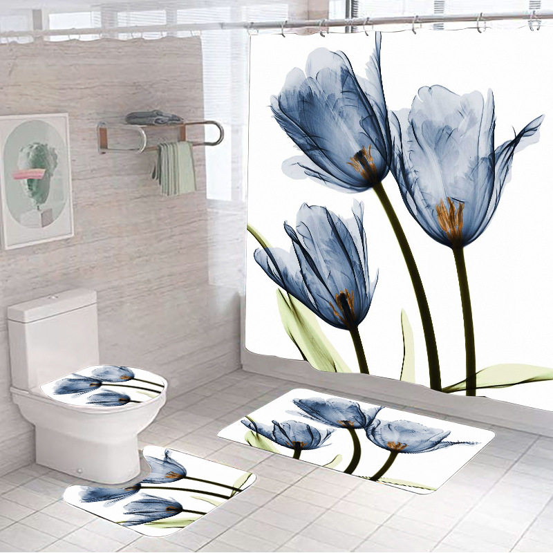 3d Digital Printing Shower Curtain Bathroom Punch-Free Four-Piece Bathroom Curtain Shower Curtain Waterproof and Mildew-Proof Bathroom Curtain