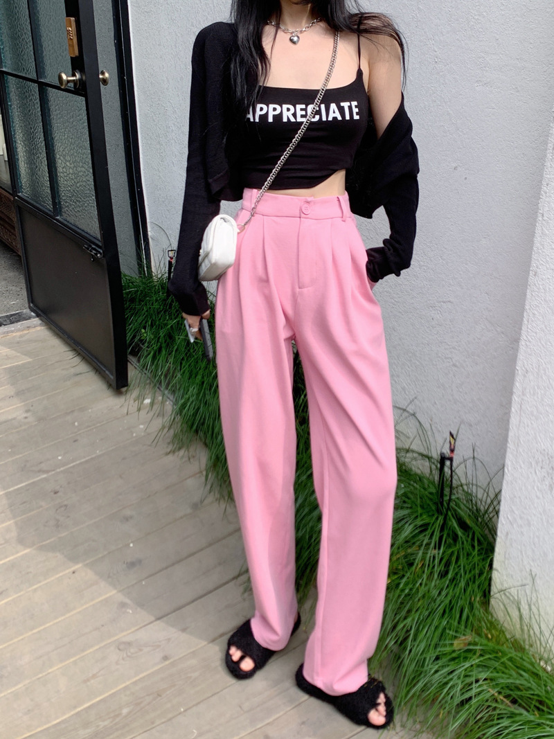 粉色西装裤〃高腰垂感阔腿裤女夏季宽松直筒休闲运动裤子