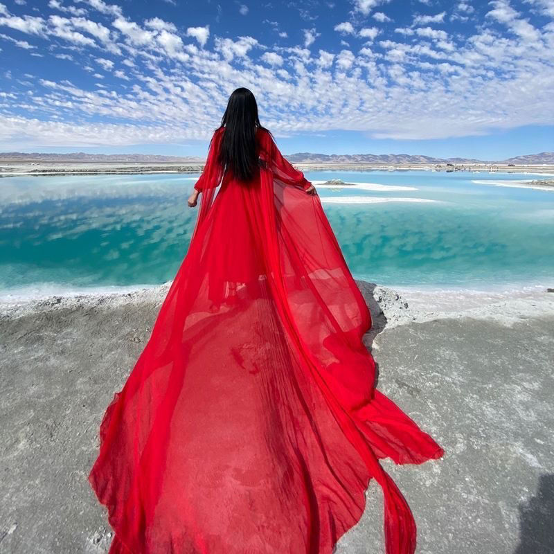 三亚旅游沙滩裙婚纱摄影艺术照海边度假裙沙漠拍照大红色长裙飘逸