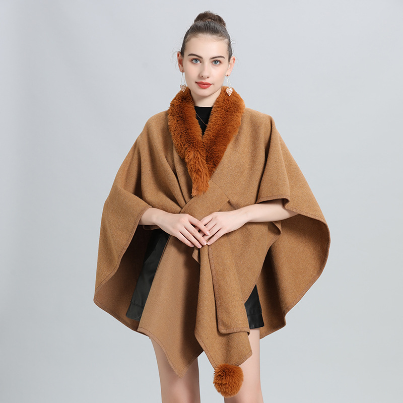 Live Hot European and American Autumn and Winter New Scarf Shawl Fur Collar Fur Ball Knitted Cardigan Cape and Shawl 0962#