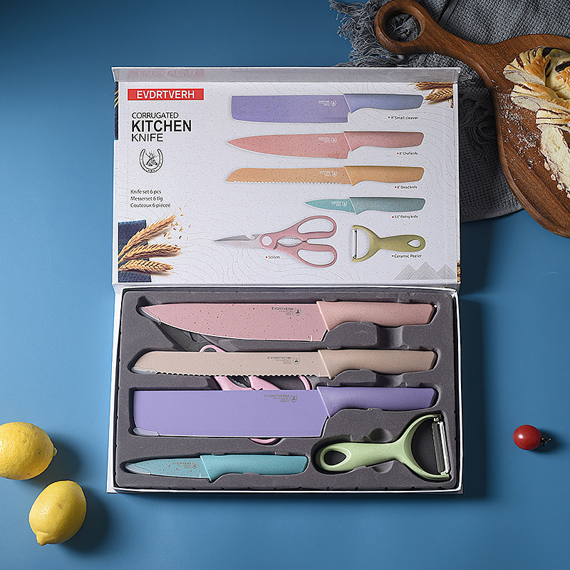 亚马逊外贸小麦秸秆六件套刀具套装彩色彩色厨房刀料理礼品礼盒