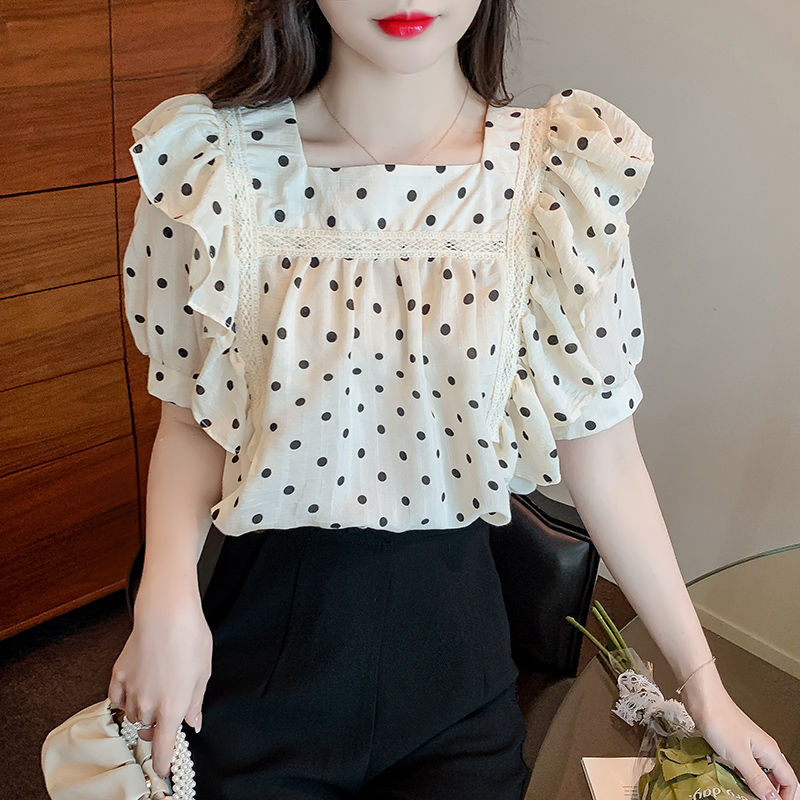 洋气荷叶边波点雪纺衬衫女2022夏季新款甜美方口领泡泡袖显瘦上衣