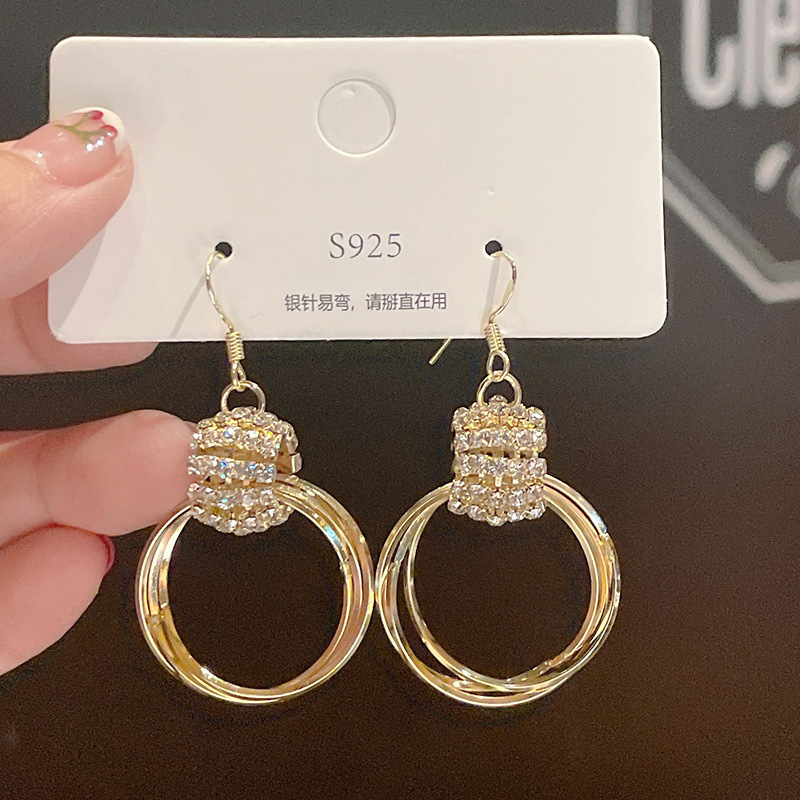 Korean Style New Earrings Tik Tok Live Stream Same Style Circle Ear Studs 925 Silver Needle Internet Hot Rhinestones Ear Hook Ear Rings Women