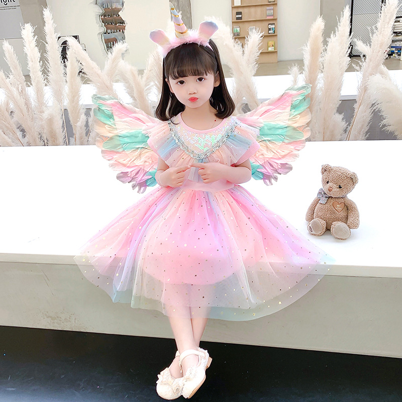 Spring Princess Elsa Dress Girls Autumn Rainbow Long Sleeve Dress Wings Tulle Tutu Unicorn