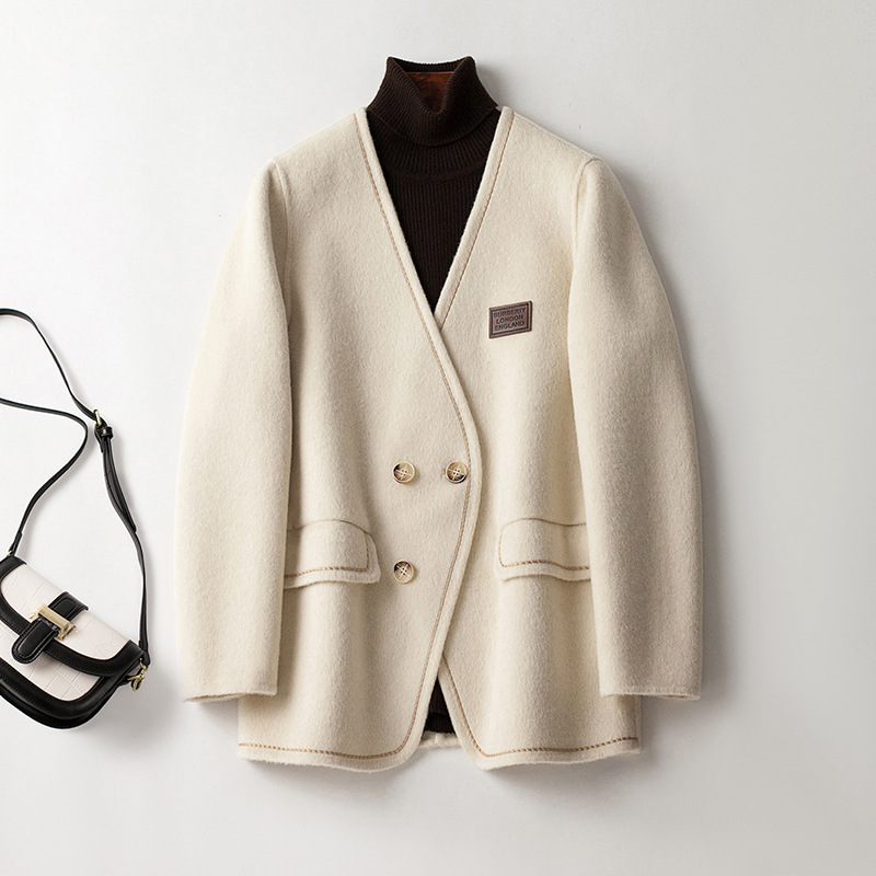 960#短款毛呢外套女2024春季新款宽松v领羊绒双面羊绒小个子大衣