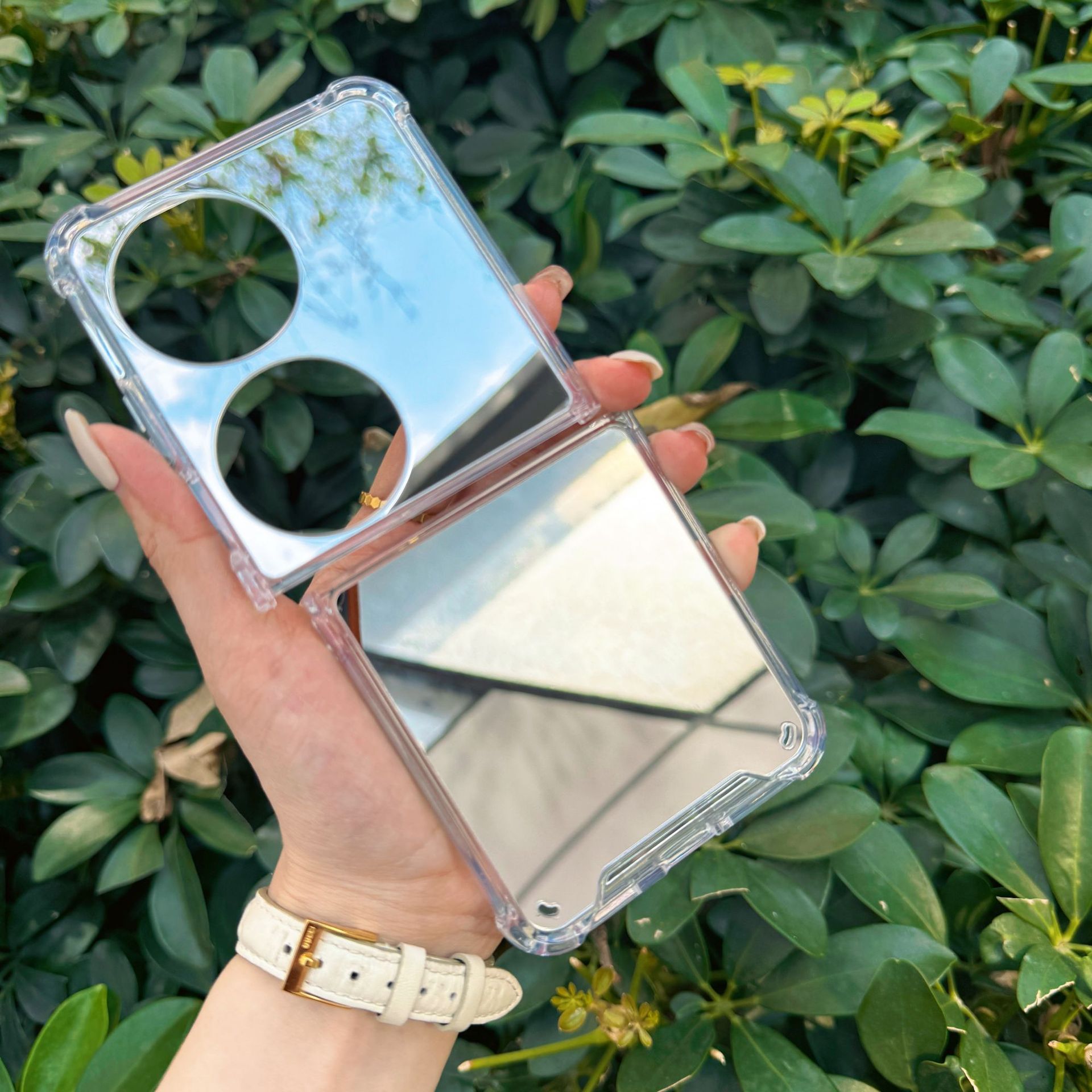 适用华为pocket 2折叠屏幕手机壳保护套镜面银色四角防摔软壳diy