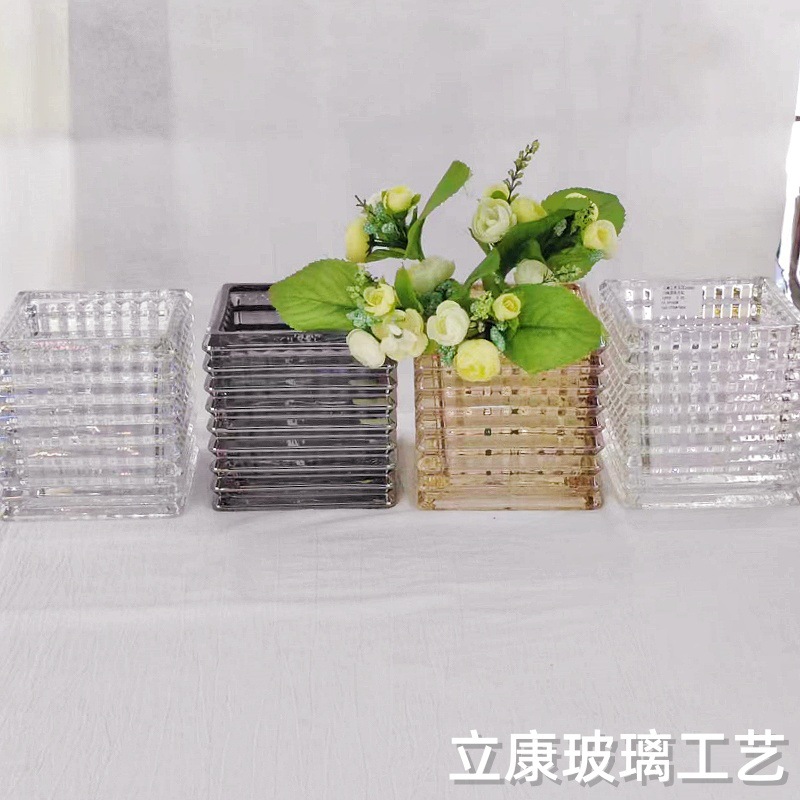 Factory Direct Sales Bacala Horizontal and Vertical Pattern Bright Glass Square Vat Hydroponic Hydroponic Living Room Table Decoration Vase Decoration