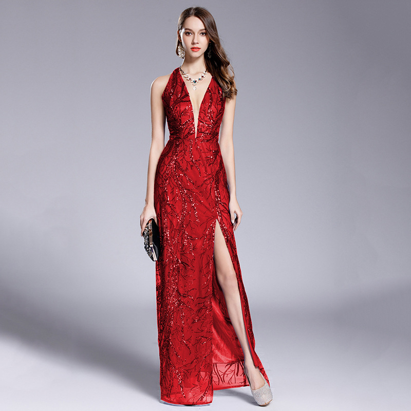 跨境欧美深v领后背交叉高开叉修身优雅性感宴会晚礼服裙绣花亮片