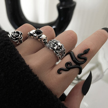 欧美跨境暗黑风女士设计感盘旋蛇指环  哥特风玫瑰花土酷镶钻戒指