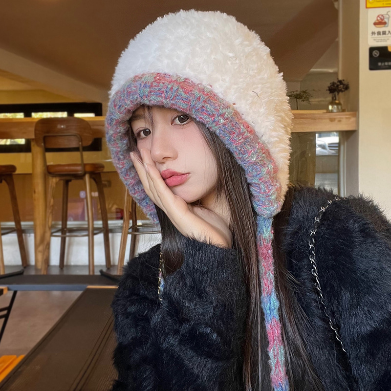 彩虹手工毛绒针织帽子女2023新款秋冬加厚保暖毛线帽显脸小雷锋帽